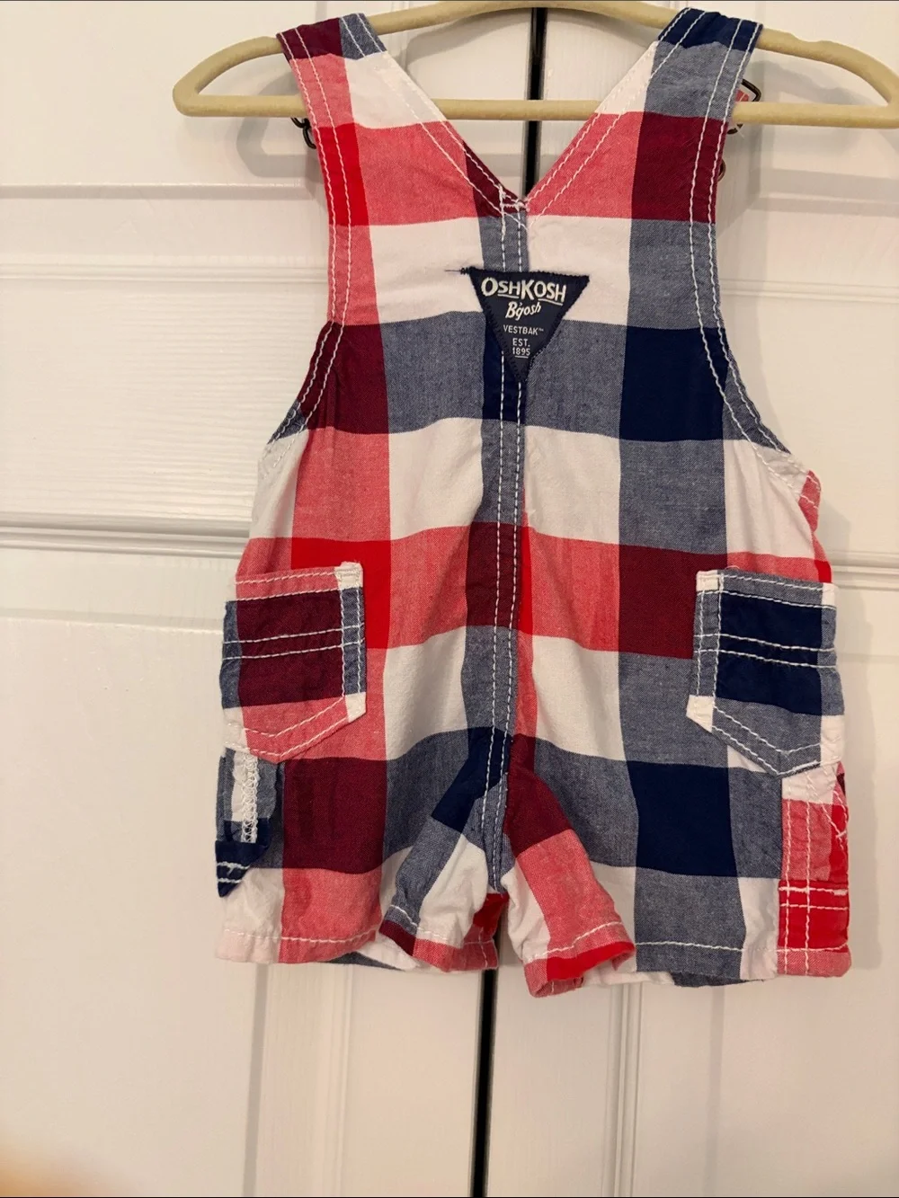 OshKosh B'gosh Red, White& Blue Plaid Short Overalls Adorable! 3 Months EUC